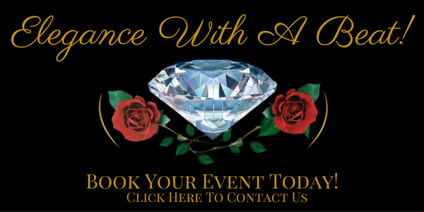 Black invitation graphic with diamond, red roses, and gold text: “Elegance With A Beat! Book Your Event Today!”