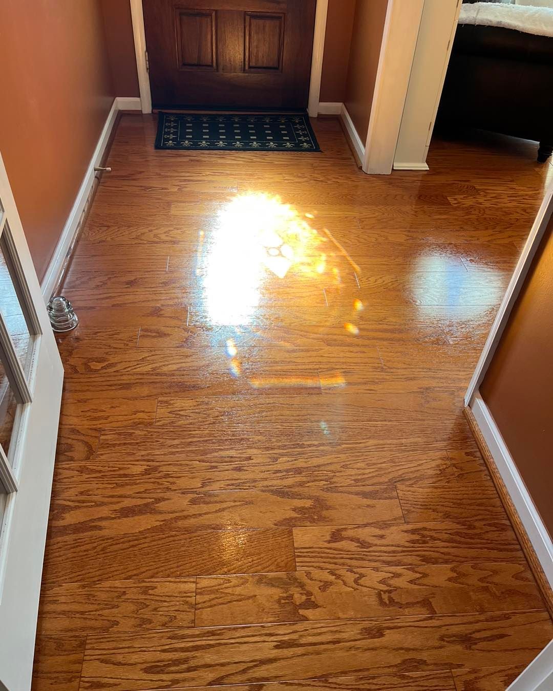 A hallway with hardwood floors and a door in the background.