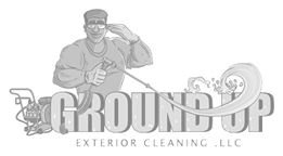 A black and white logo for a company called grounds up exterior cleaning llc