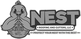 A black and white logo for nest roofing and gutters llc