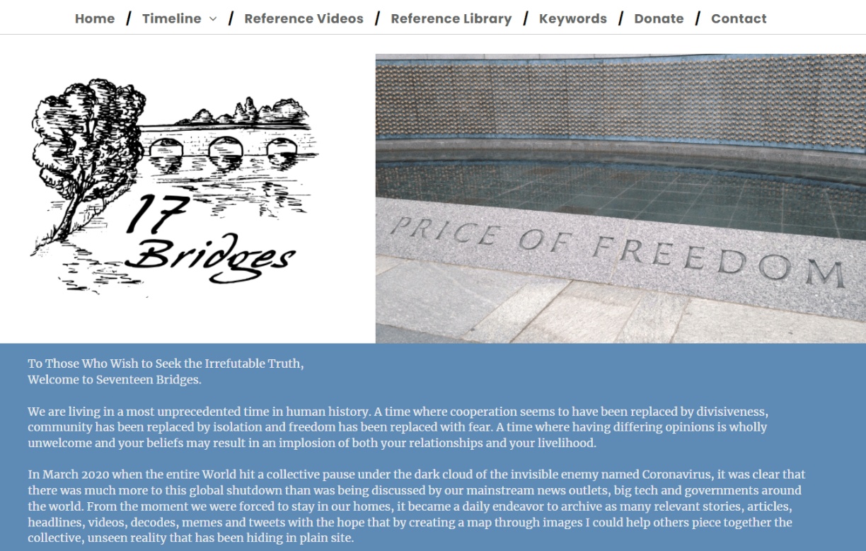 Website banner featuring a bridge sketch and a photograph of the World War II Memorial.
