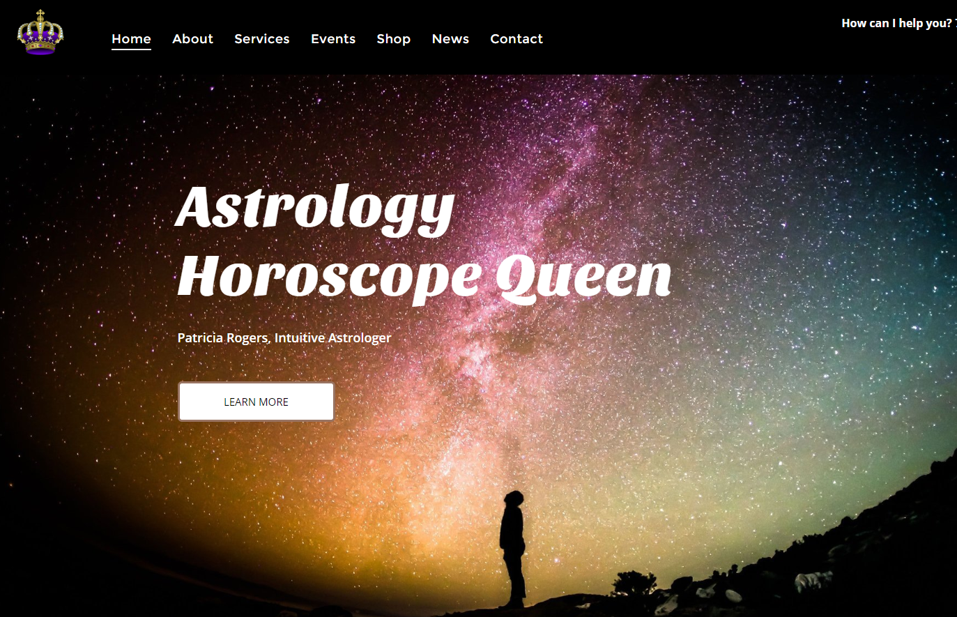 Website homepage with a person looking up at a colorful starry sky; title 