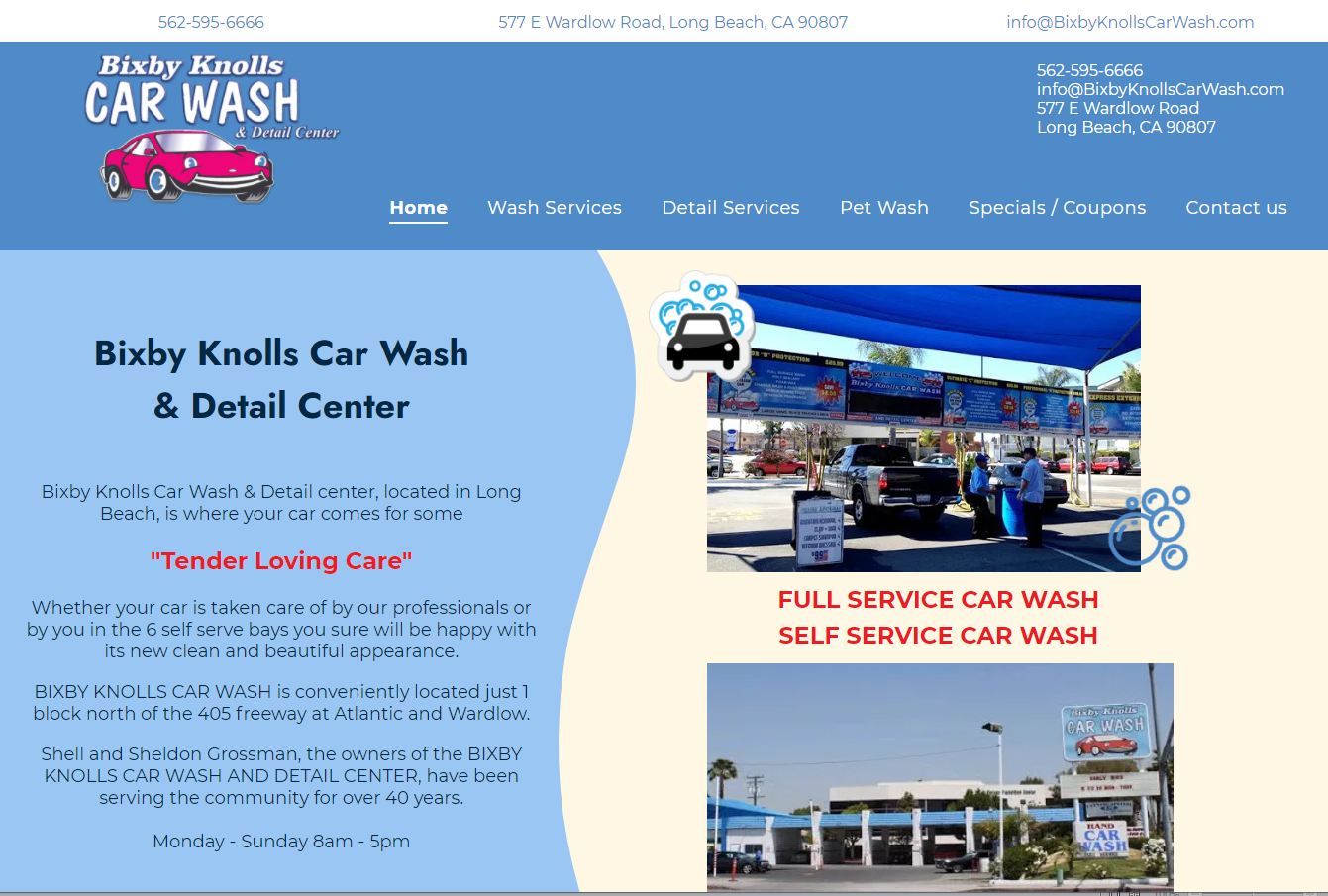 Bizby Knolls Car Wash website with car wash and detail services, featuring photos and a blue theme.