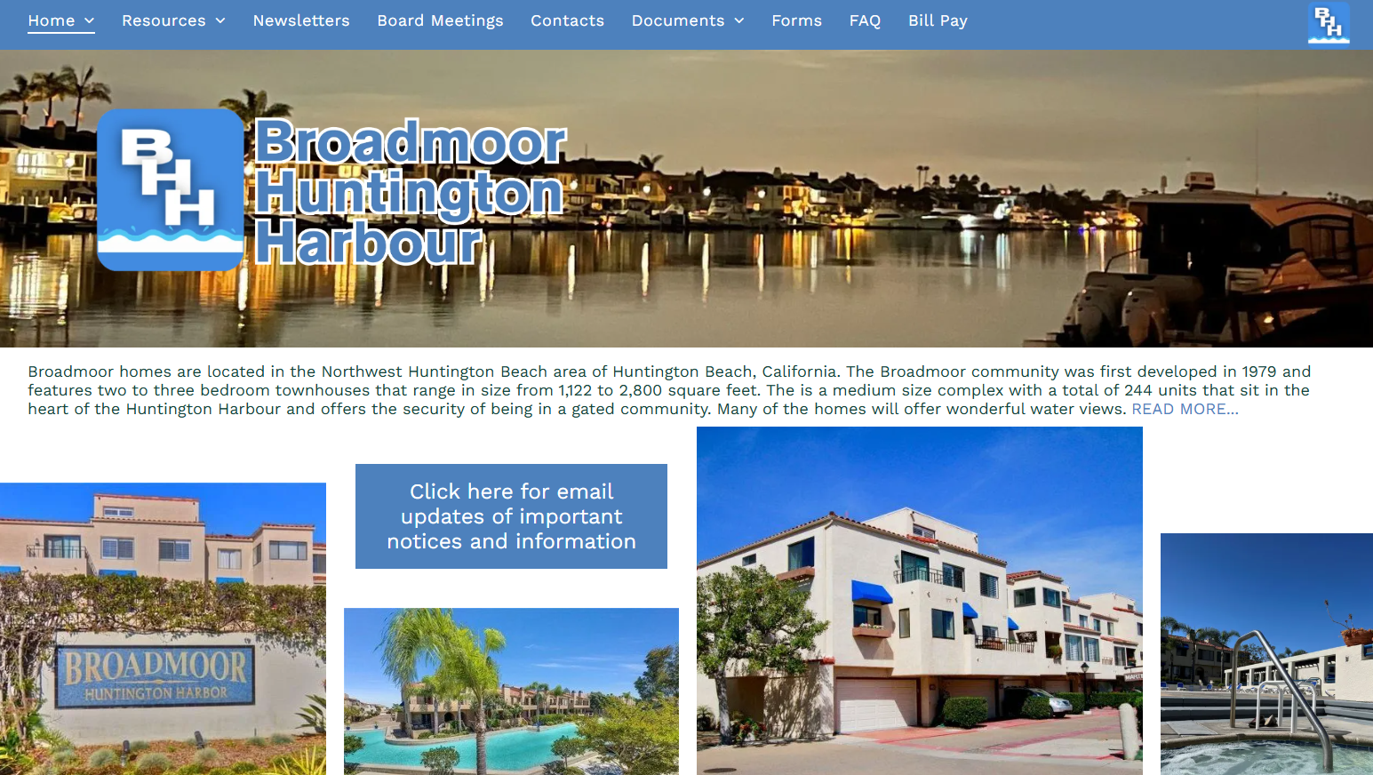 Broadmoor Huntington Harbour website with a harbor view and building photos.