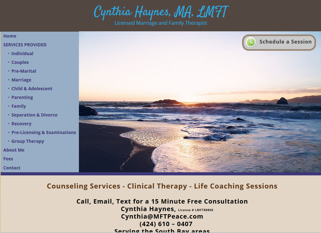 Website for Cynthia Haynes, MA, LMFT offering counseling and life coaching services. Beach background, navigation menu on the left.