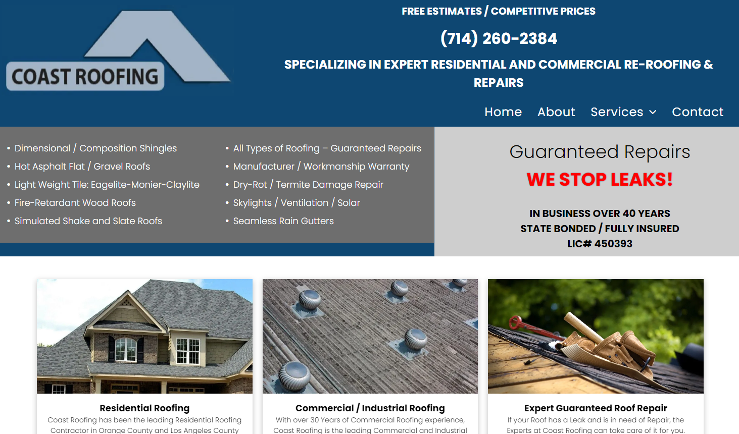 Coast Roofing website: logo, contact info, services, and roofing photos.