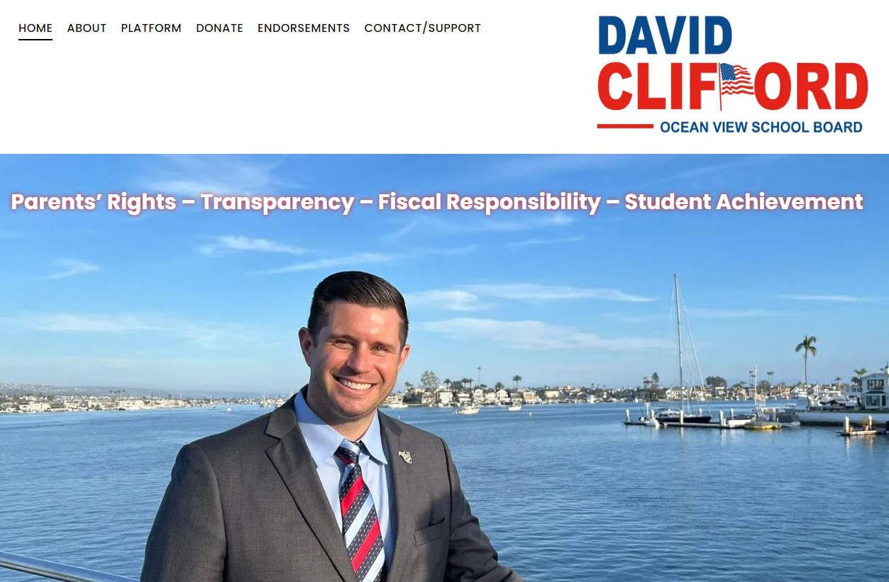 David Clifford, smiling, by the water, running for Ocean View School Board. Text: Parents' Rights, etc.