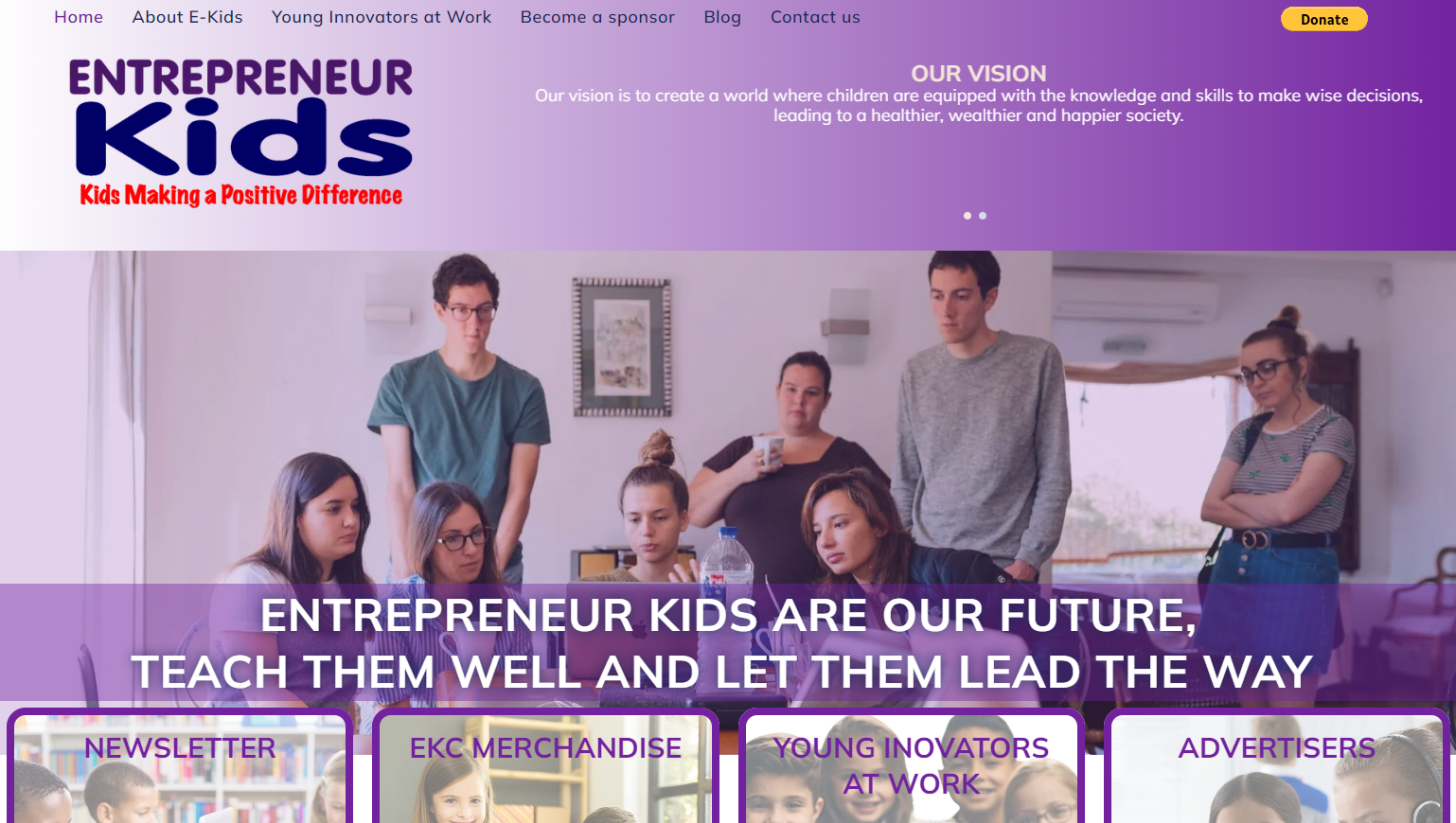 Website homepage with a group of people and the text 