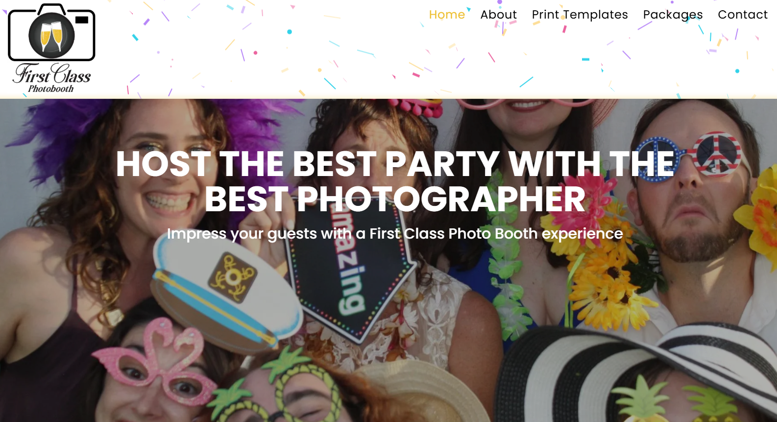 Photo booth group smiling, wearing props. 