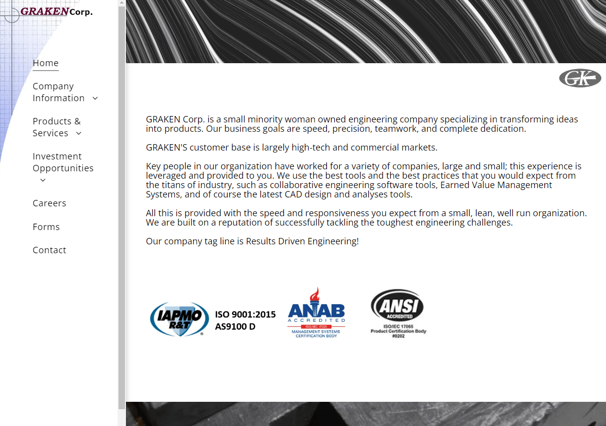 Website with text and certification logos.