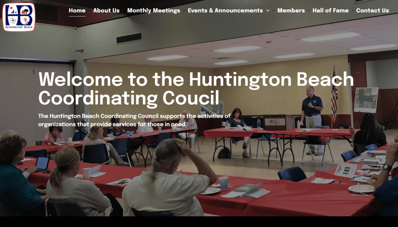 Huntington Beach Coordinating Council website homepage with people at a meeting.