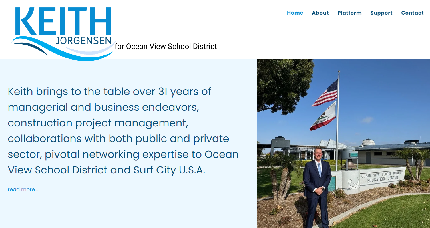 Keith Jorgensen campaign website; man in suit stands outside; text describes his experience.