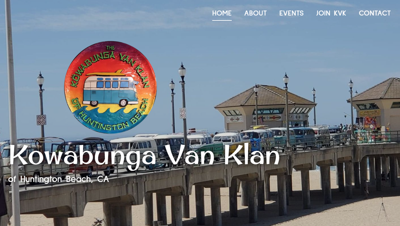 Kowabunga Van Klan website with a colorful logo of a van, pier, and vans.