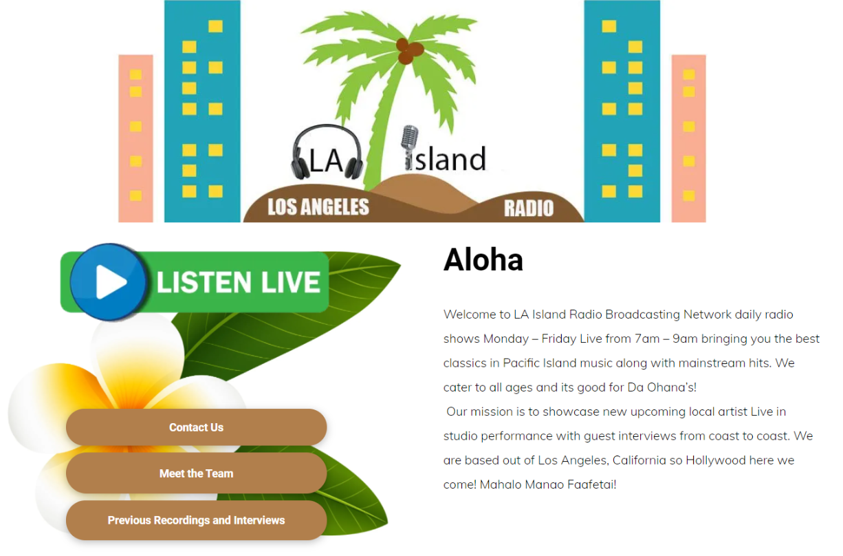 Island radio station logo and website with listen live button, palm tree, and buildings.