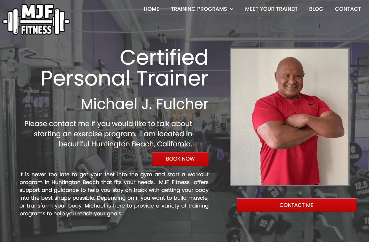 Michael Fulcher, a certified personal trainer, arms crossed, in a gym setting; red shirt, book now button.