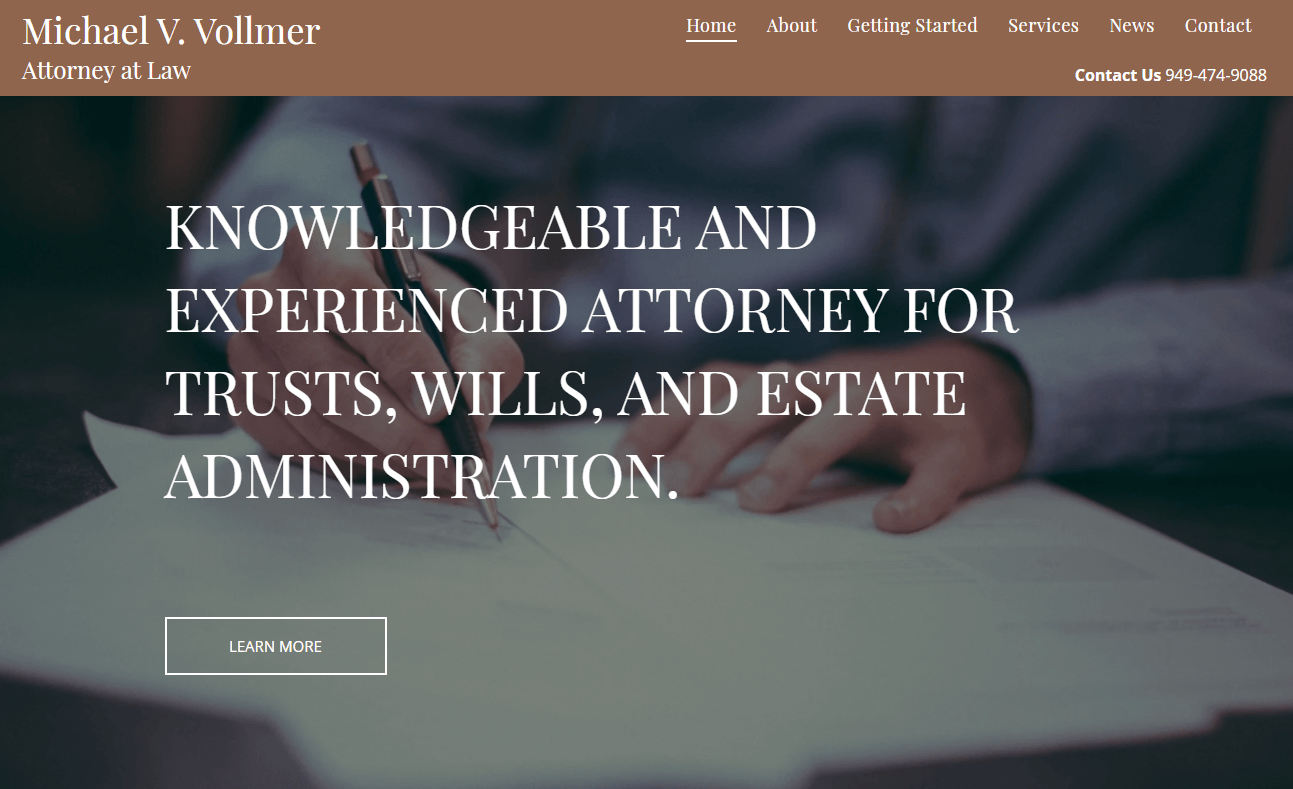 Website header for Michael V. Vallmer, Attorney at Law, with text: 