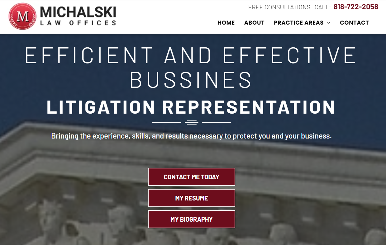 Website homepage for Michalaski Law Offices, with headline: 