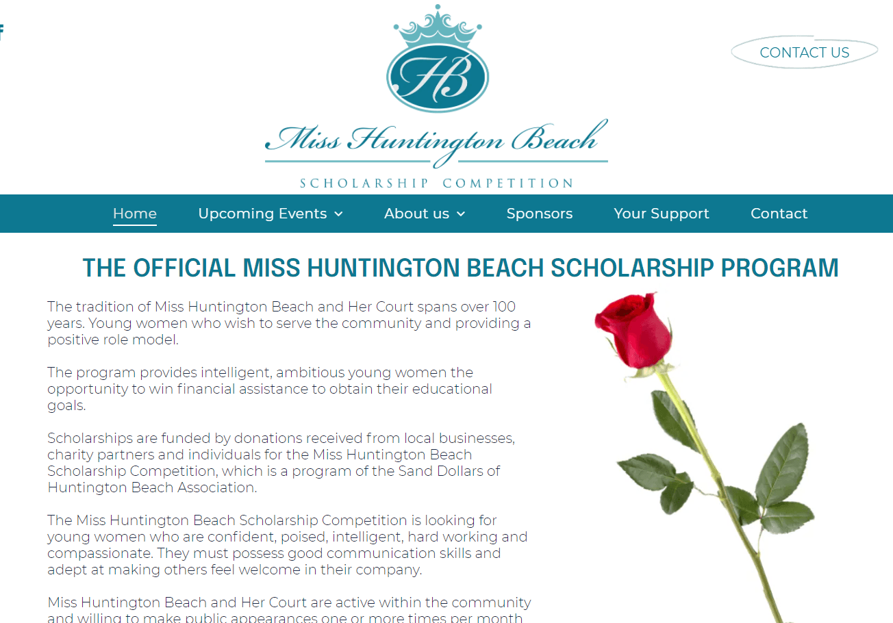 Miss Huntington Beach scholarship program website with a rose.