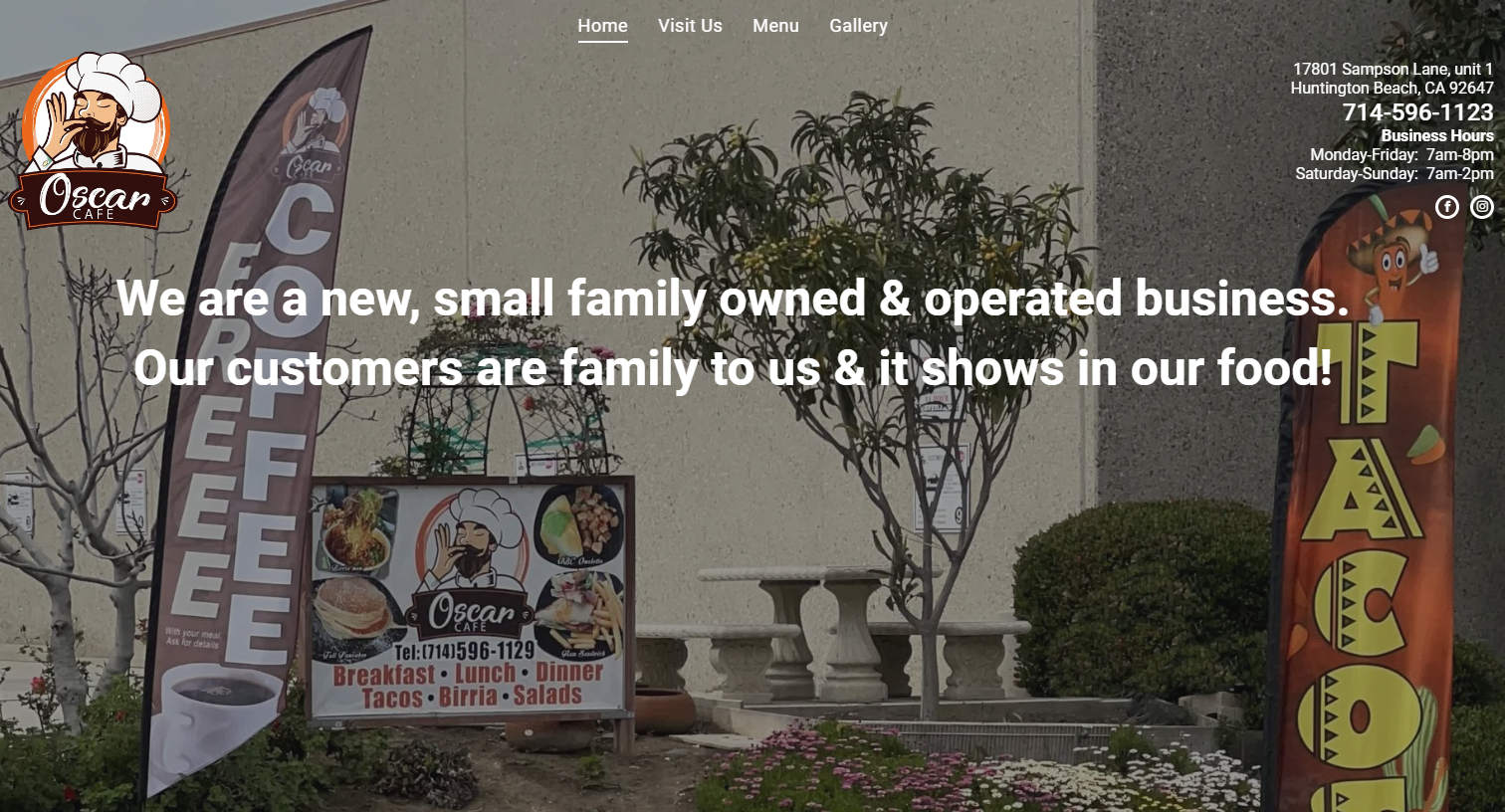 A small family-owned restaurant, with coffee and taco flags. Text: 