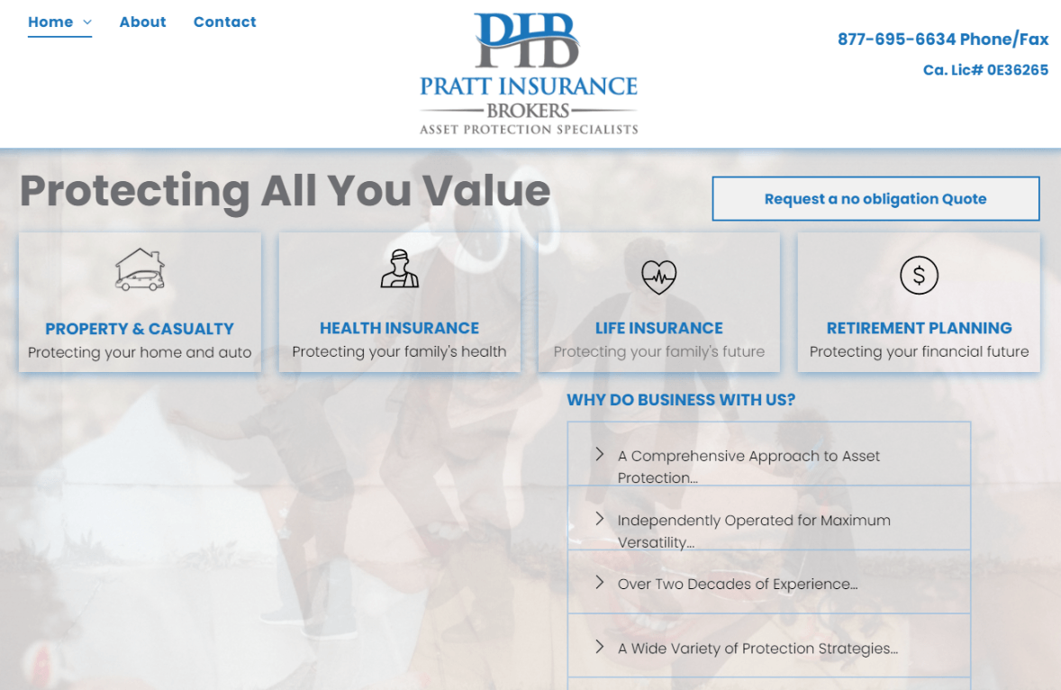 Website homepage for PHB Insurance, offering various insurance and financial planning services.