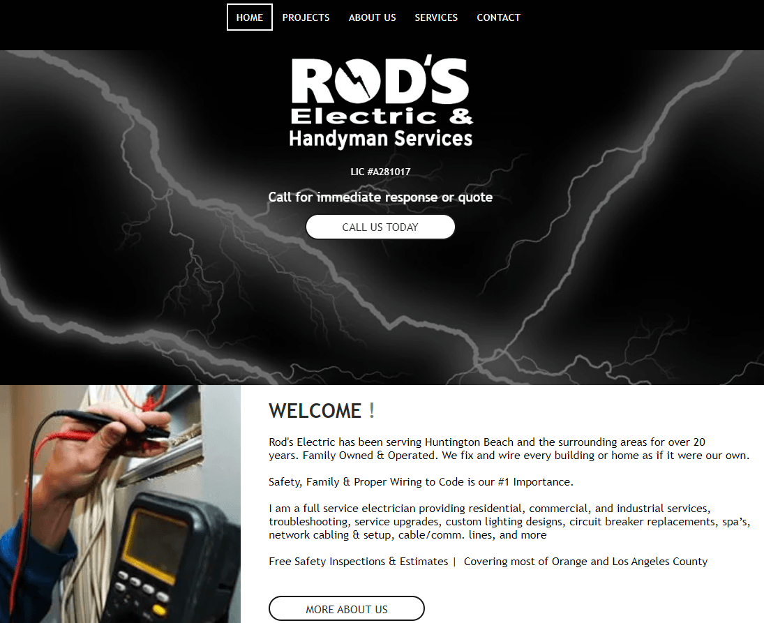 Website for Rod's Electric & Handyman Services with a lightning background and a technician working.