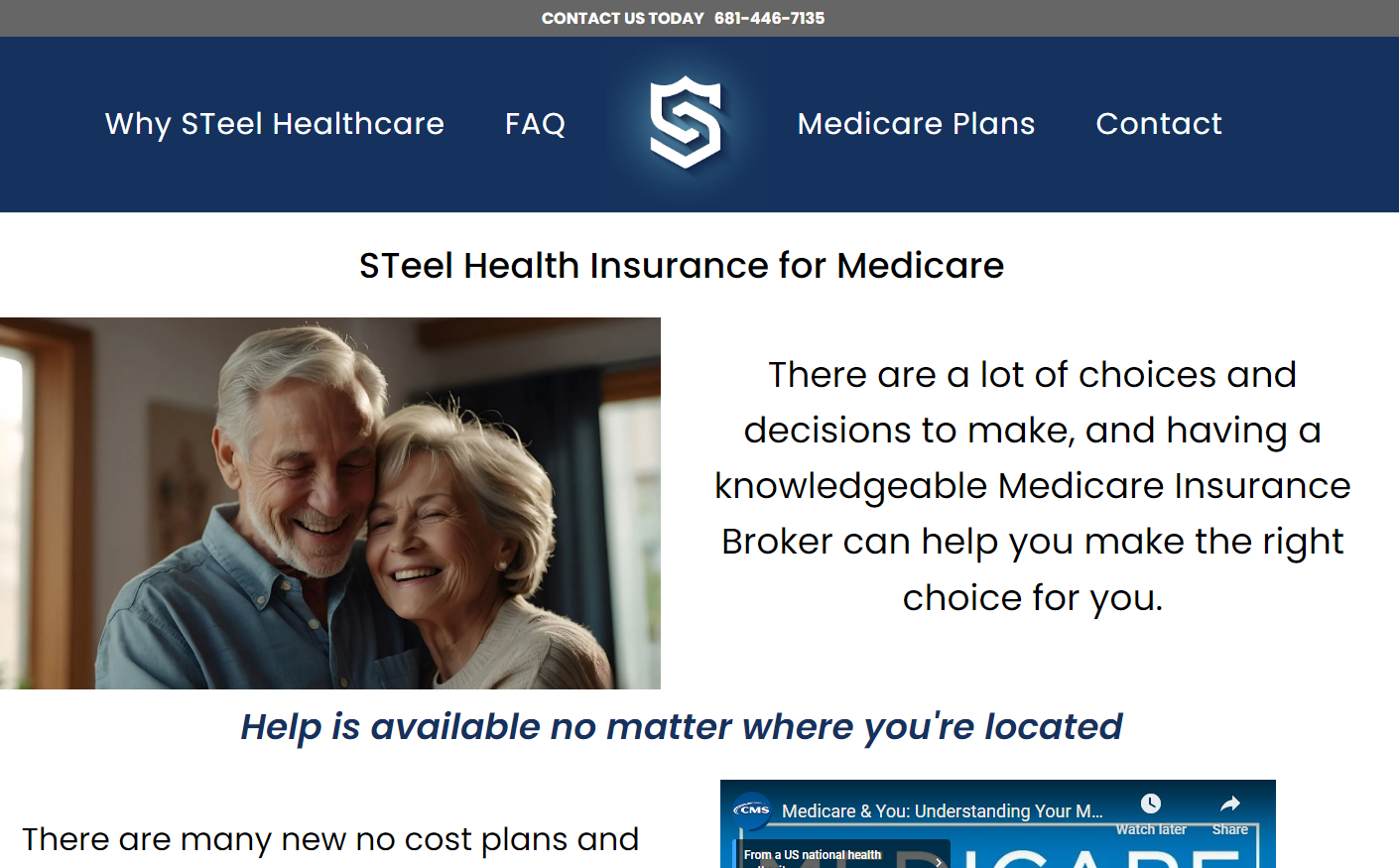 Website homepage for STeel health insurance for Medicare. Features couple, blue background, and navigation menu.