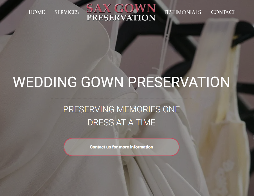Website for Sax Gown Preservation, with a wedding gown hanging on a rack. Text says: Wedding Gown Preservation.