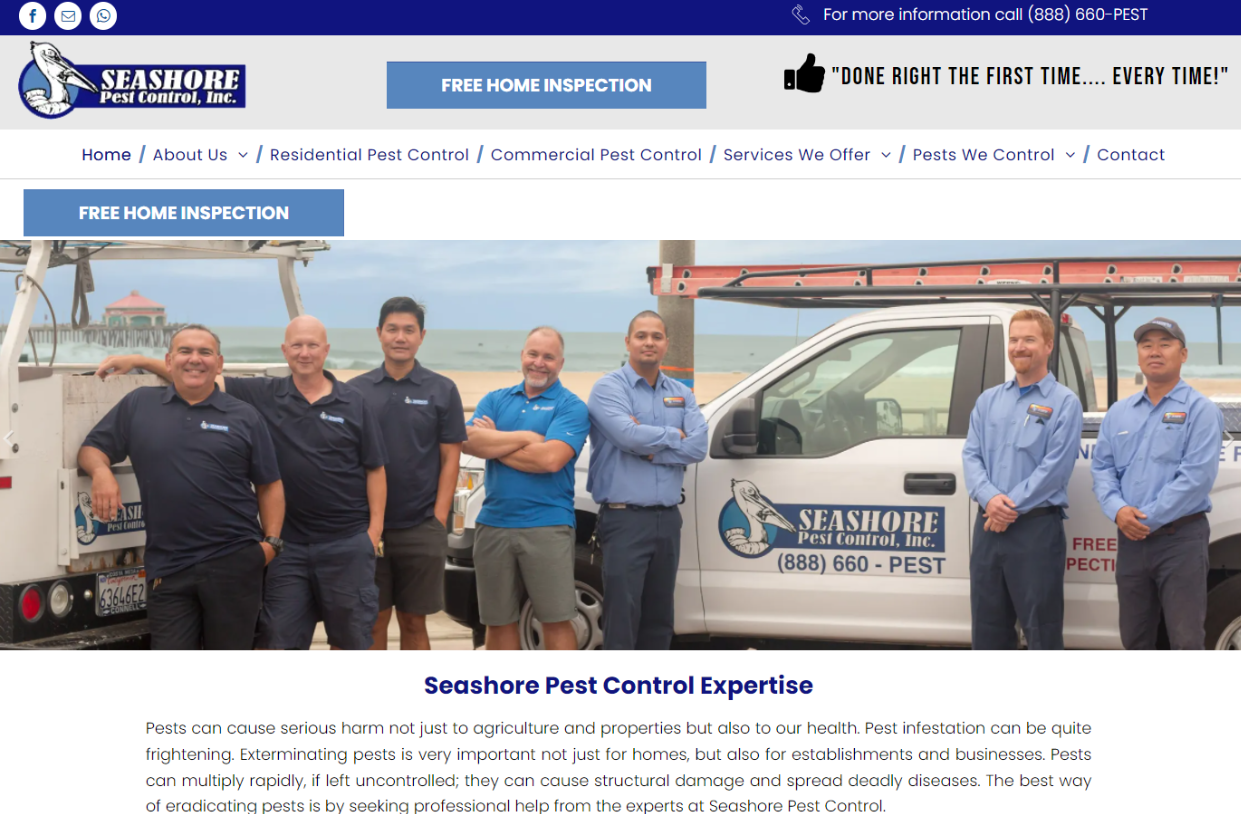 Seashore Pest Control team smiling near a truck at a beach.