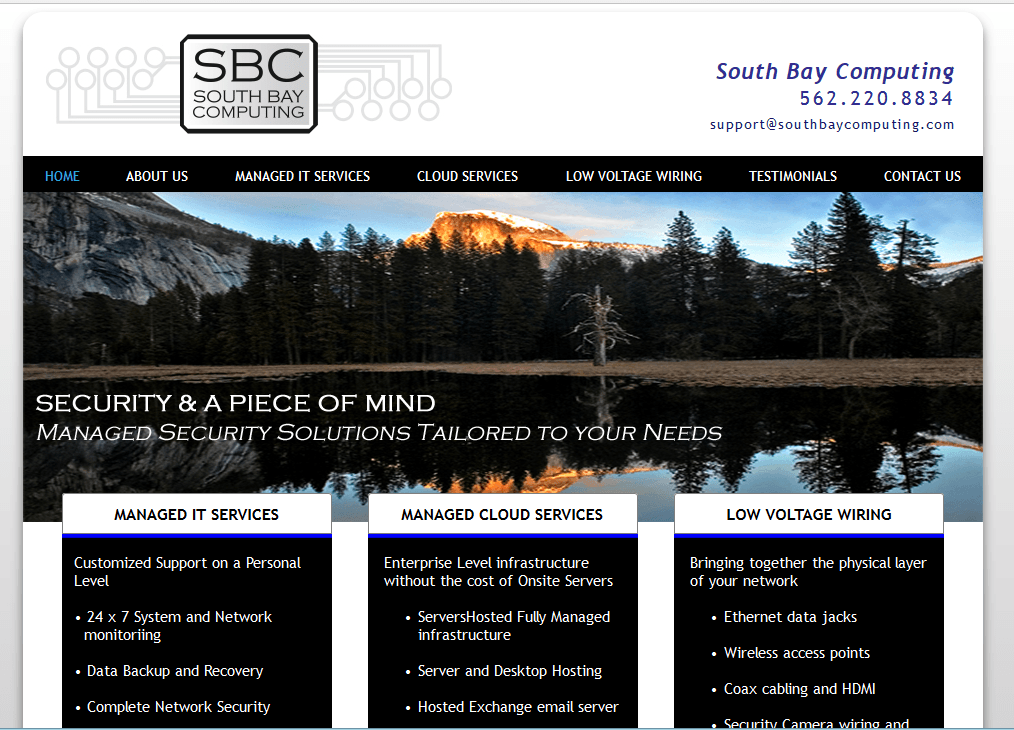 Website homepage for South Bay Computing featuring managed IT, cloud, and low voltage wiring services.