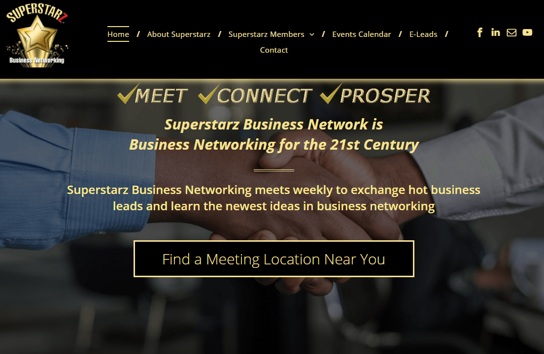 Website promoting a business networking group with handshake image and text 