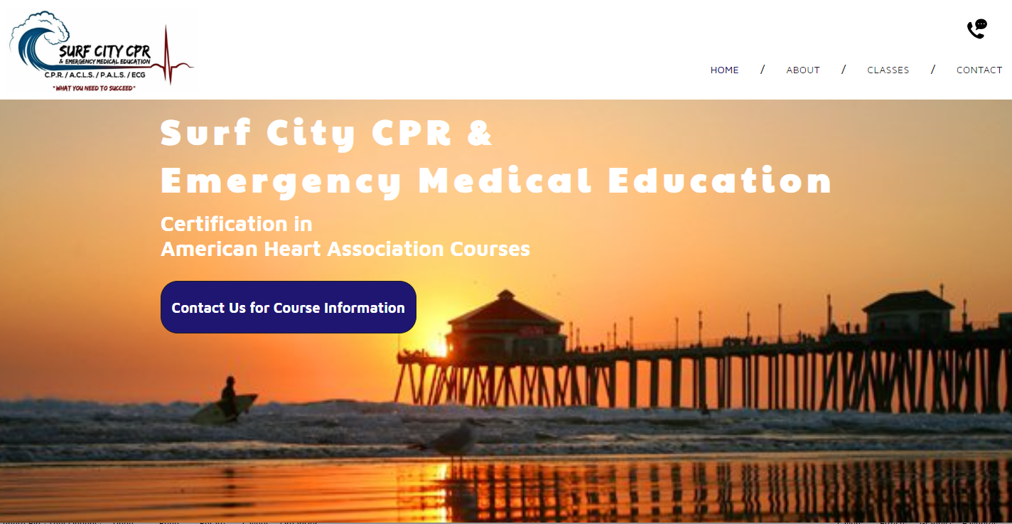 Sunset scene with pier and surfer; Surf City CPR & Emergency Medical Education logo.