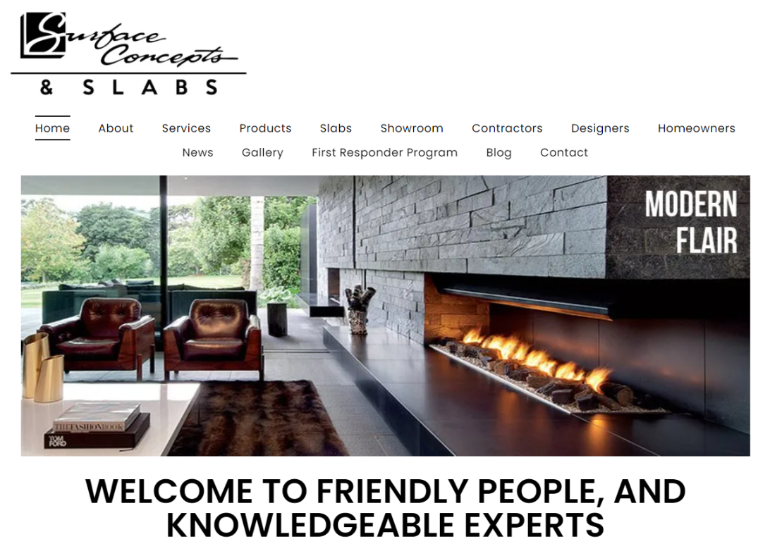 Surface Concepts & Slabs website, modern living room with fireplace and seating.