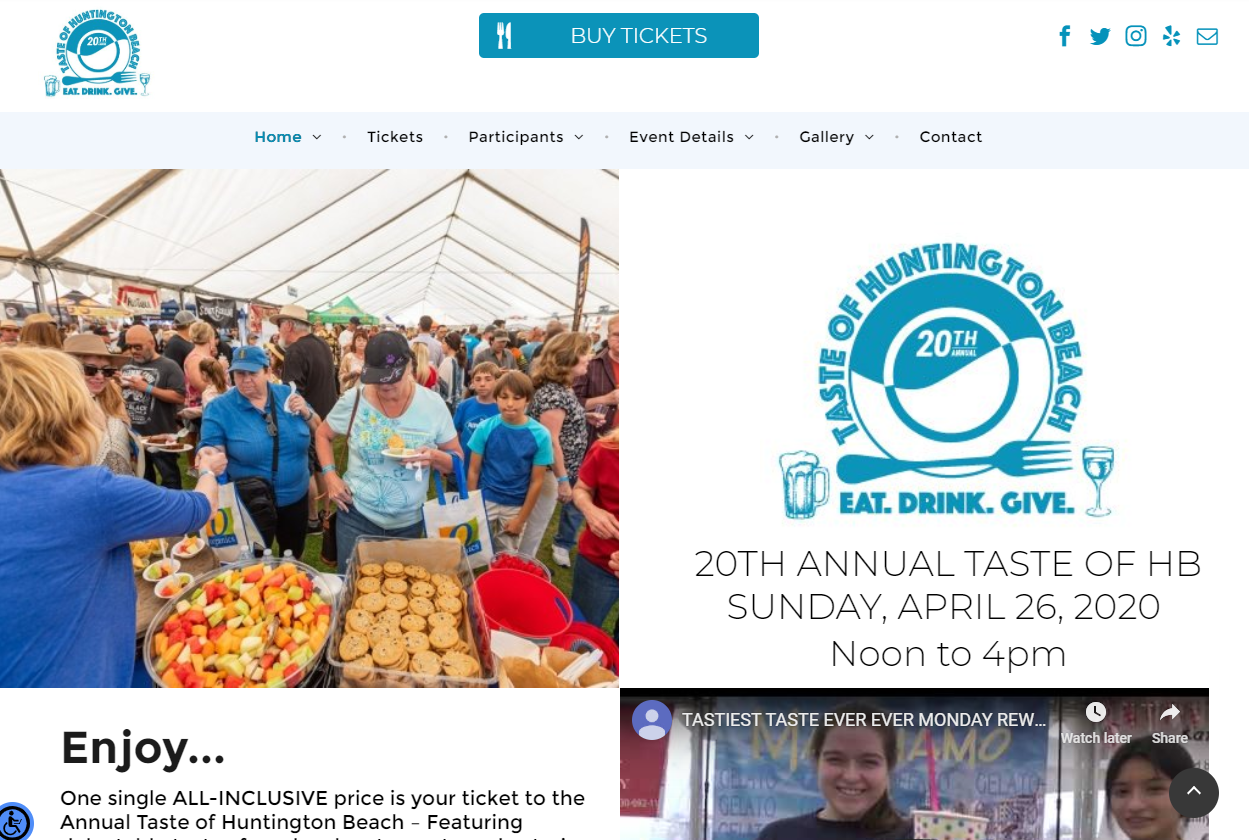 People at the Taste of Huntington Beach festival, with food stalls and a banner.