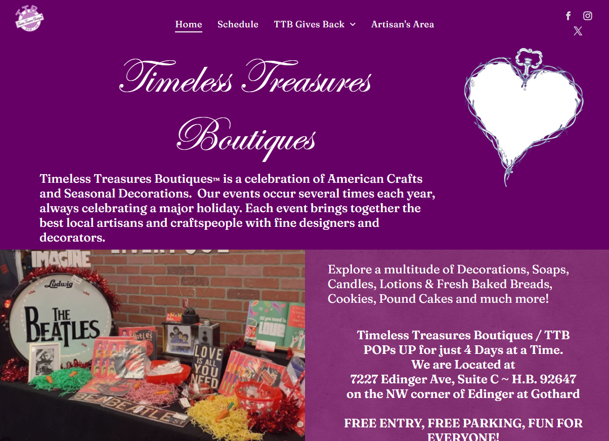 Website for Timeless Treasures Boutiques with Beatle's decor and text on opening hours and location.