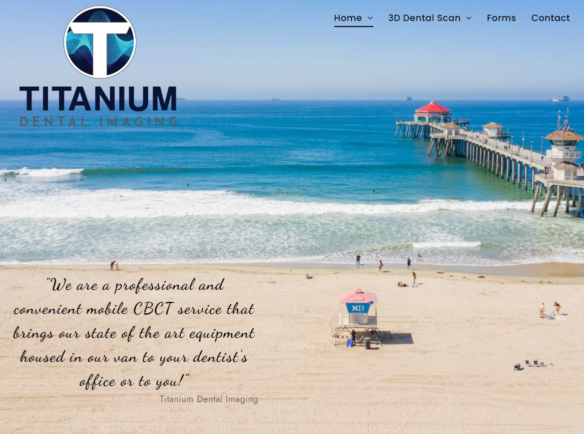 Website for Titanium Dental Imaging; beach scene with pier and logo.