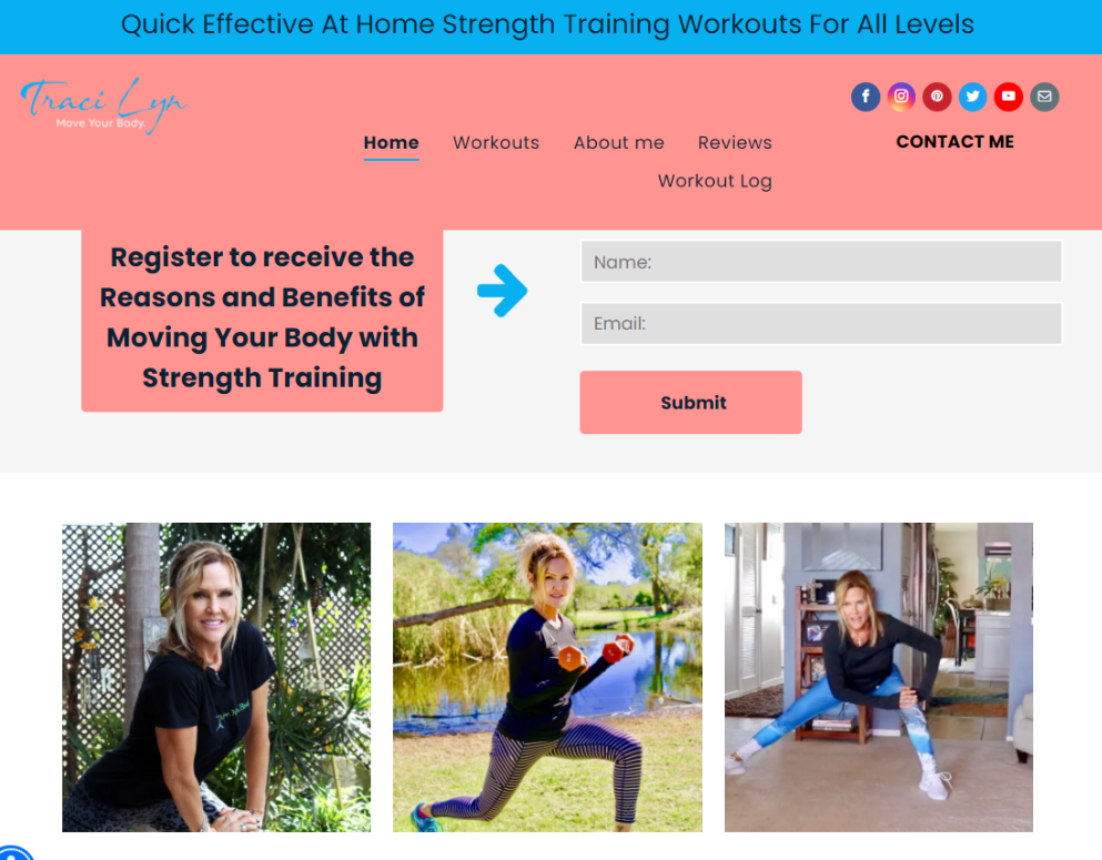 Website offering at-home strength training workouts. Includes registration form and photos of women exercising.