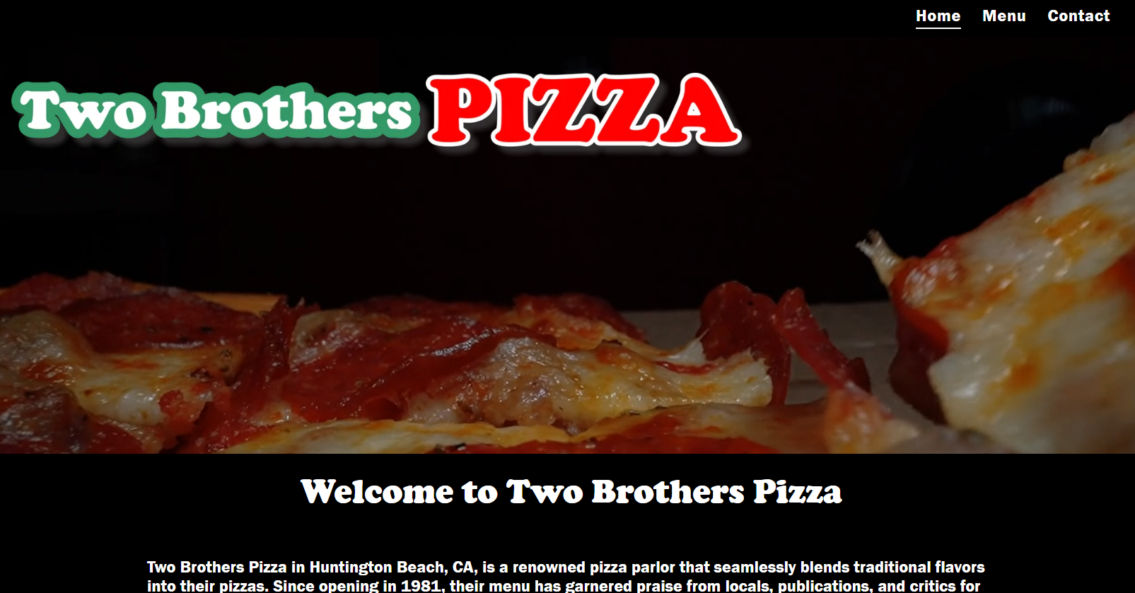 The website for two brothers pizza has a picture of a pizza on it