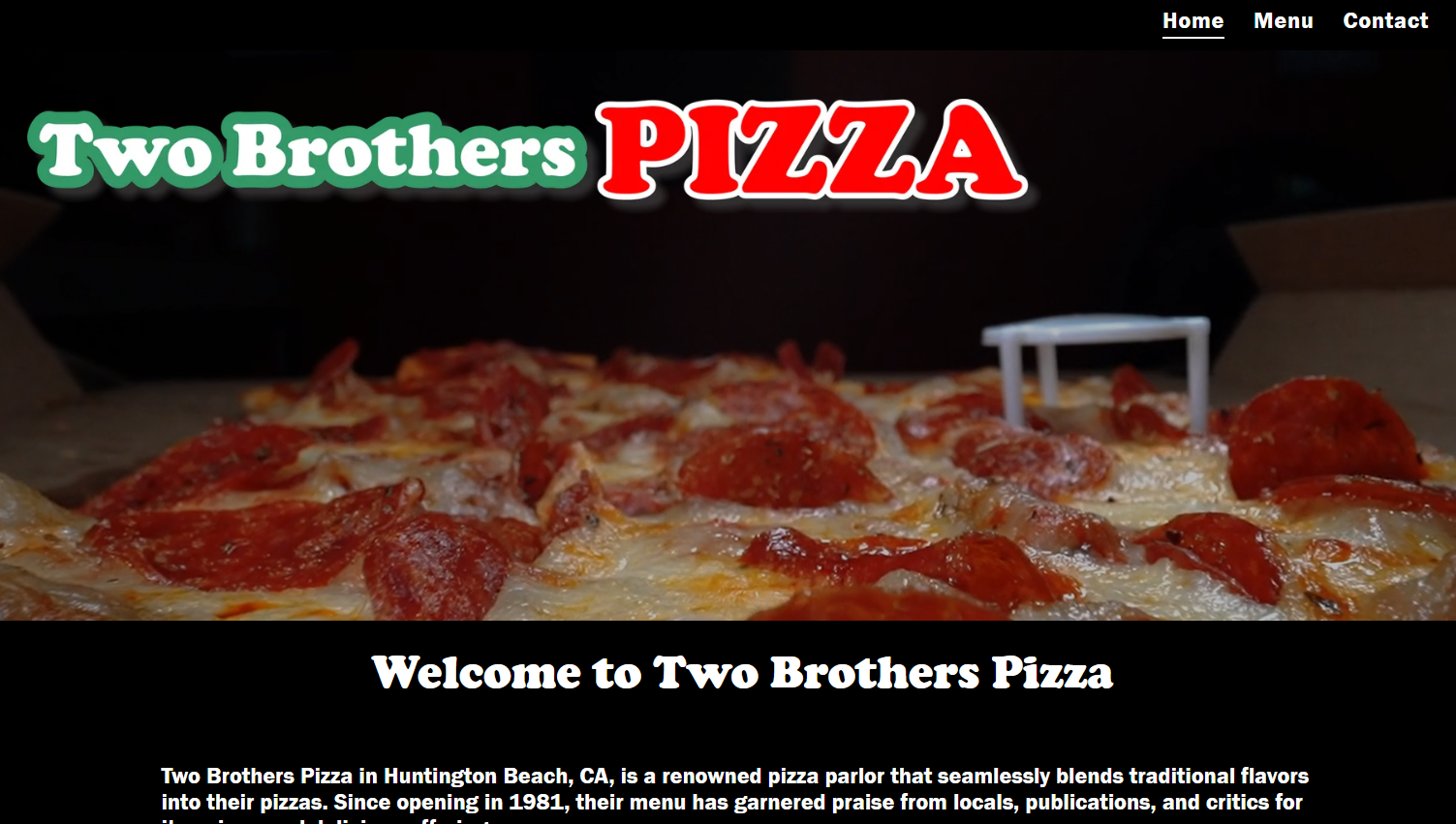 Two Brothers Pizza website, pizza with pepperoni in a box, white table, dark setting.