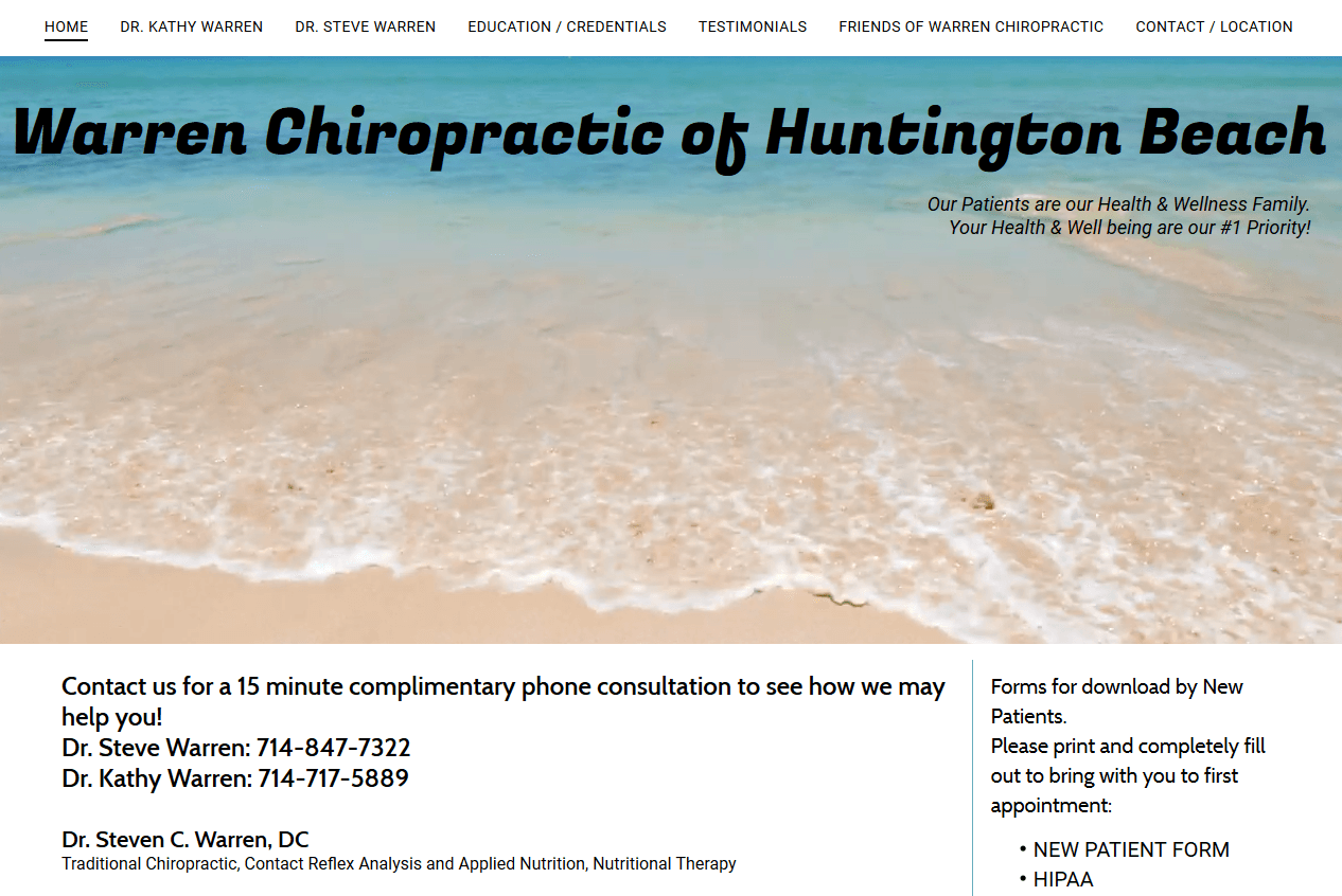 Warren Chiropractic of Huntington Beach website with beach background.