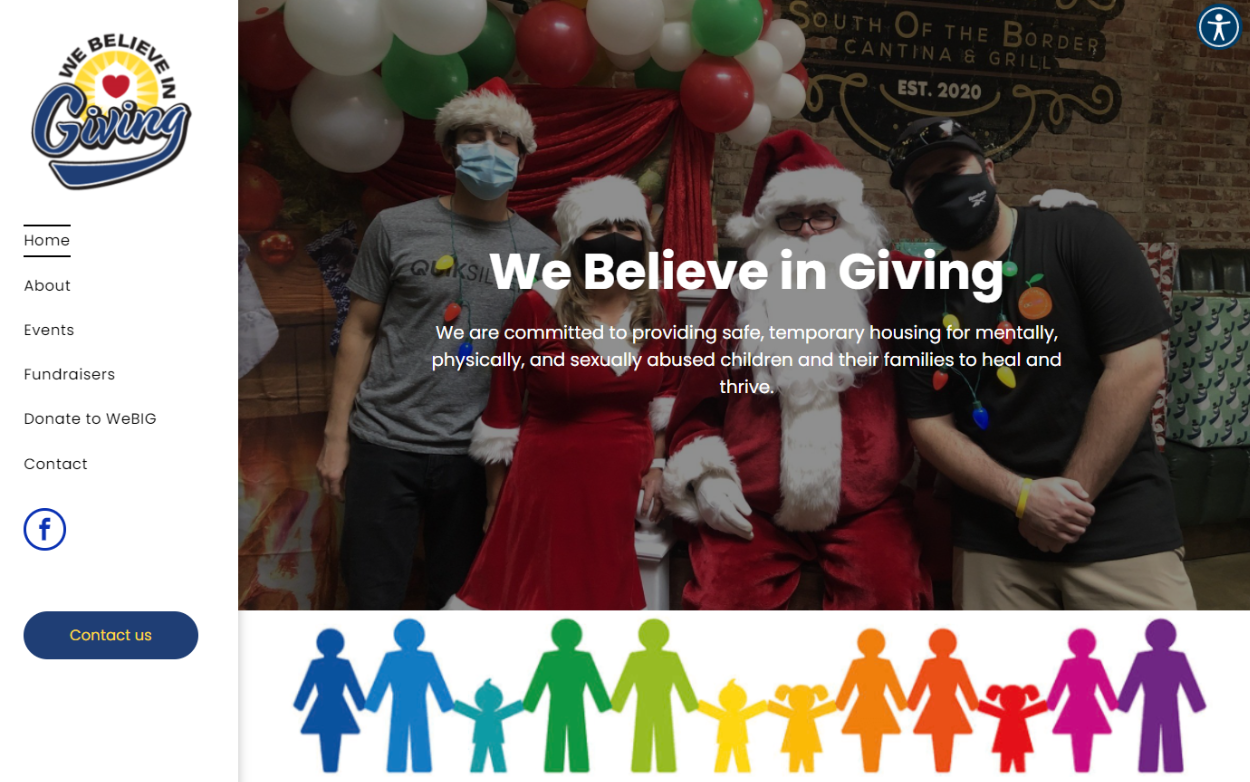 Website homepage featuring Santa Claus and volunteers, with a 