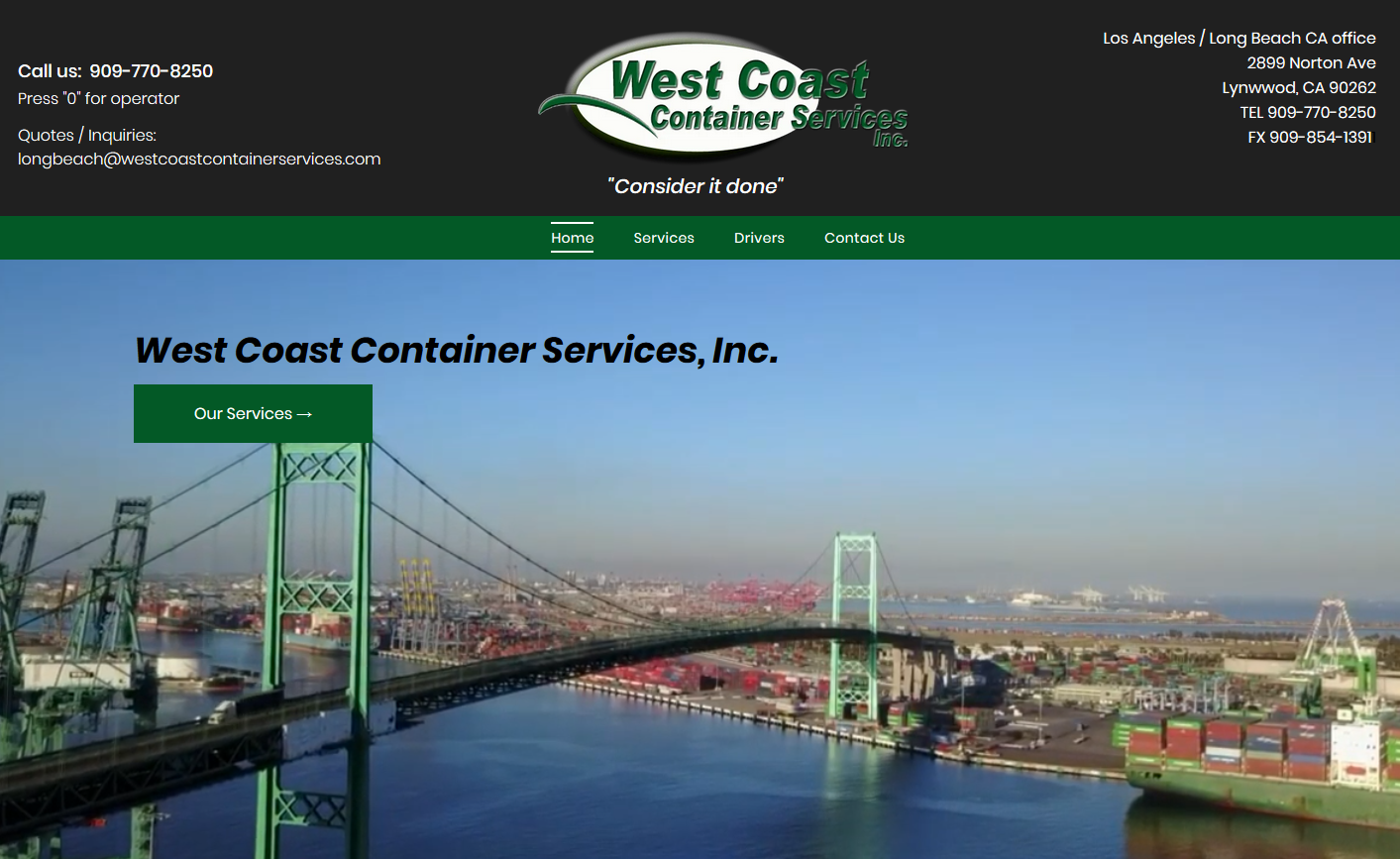 West Coast Container Services website homepage with a bridge over water, a cargo ship, and text.