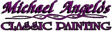 The logo for michael angelo 's classic painting is purple and black.