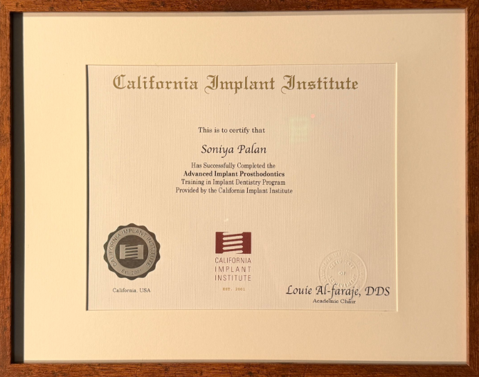 Certificate for Dr. Soniya Palan, Advanced Implant Prosthodontics Training in Implant Dentistry Program from the California Implant Institute.