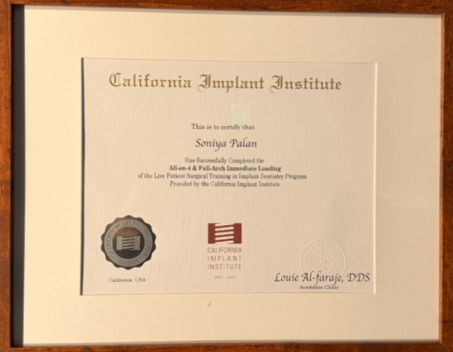 Certificate for Dr. Soniya Palan, All-on-4 and Full-Arch Immediate Loading of the Live Patient Surgical Training from the California Implant Institute.