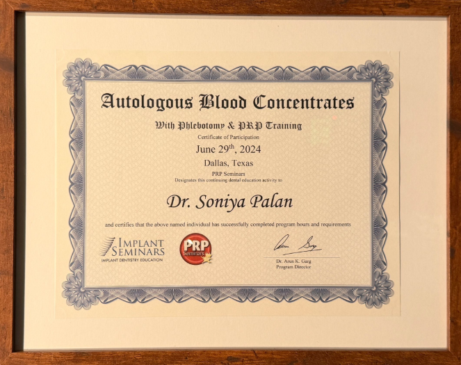 Certificate for Dr. Soniya Palan, Autologous Blood Concentrates with Phlebotomy and PRP Training from Implant Seminars and PRP Seminars.