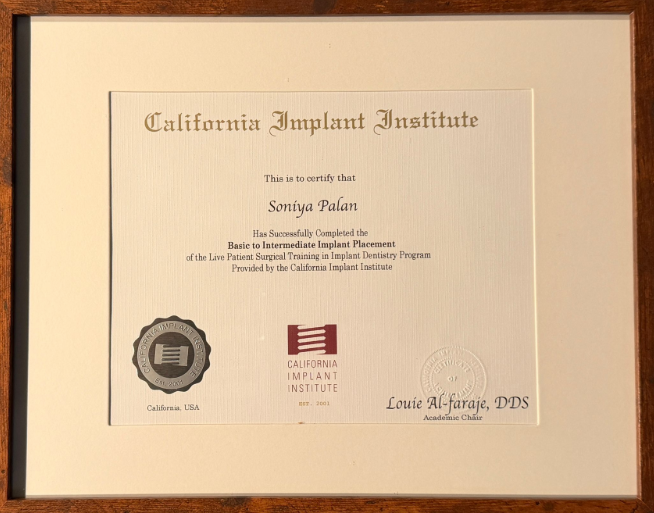 Certificate for Dr. Soniya Palan, Basic to Intermediate Implant Placement Certification from the California Implant Institute.
