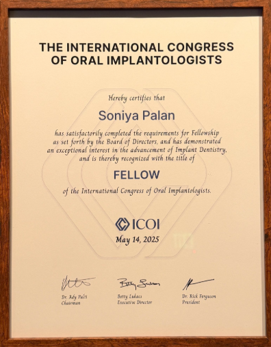 Certificate recognizing Dr. Soniya Palan as a Fellow of The International Congress of Oral Implantologists (ICOI).