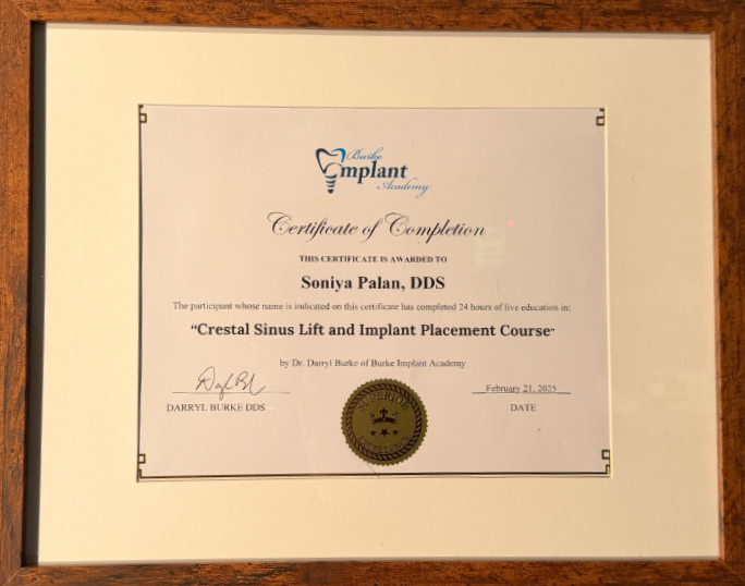 Certificate for Dr. Soniya Palan, Crestal Sinus Lift and Implant Placement Course completion from the Burke Implant Academy.