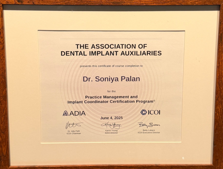Certificate for Dr. Soniya Palan, Implant Practice Management and Implant Coordinator Certification Program from The Association of Dental Implant Auxiliaries (ADIA).
