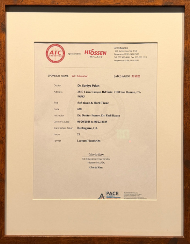 Certificate for Dr. Soniya Palan, Soft tissue and Hard Tissue training from AIC Education, sponsored by Hiossen Implant.